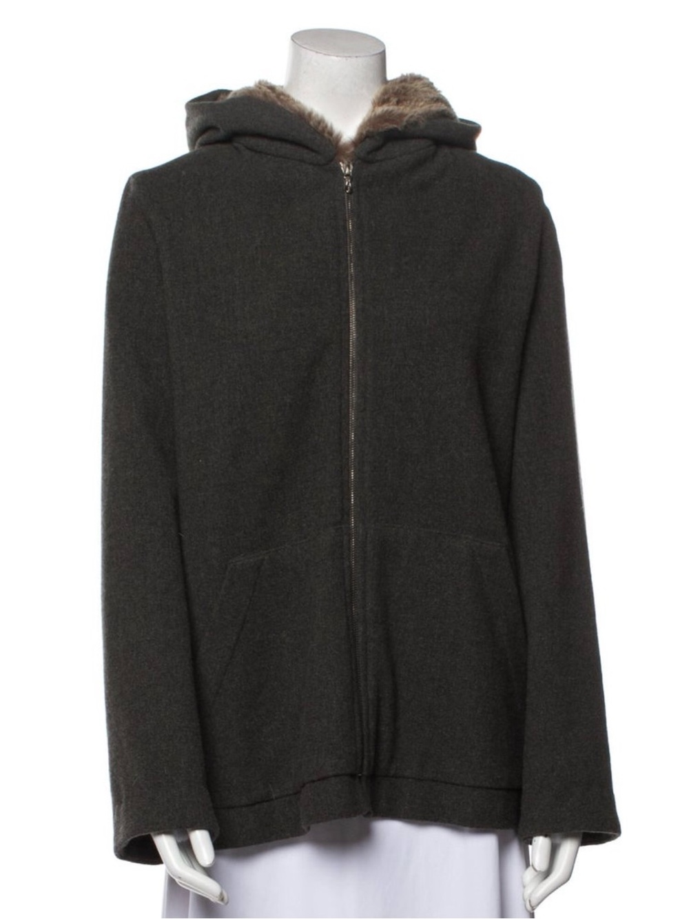 Peter Cohen Charcoal Gray/Green Zip Hoodie with Fur Trim - Size M
